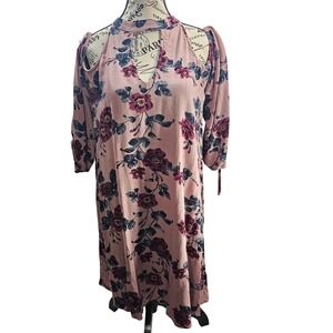 American Eagle Outfitters Pink Floral Cold Shoulder Keyhole Neck Dress Size L